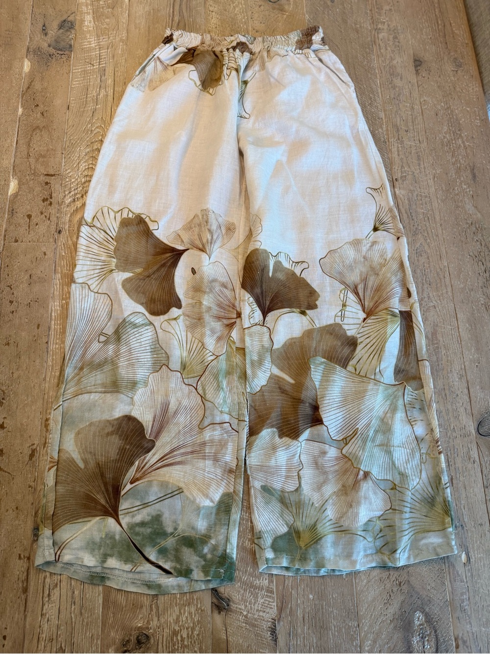 Amalfi Cream Wide-Leg Floral Linen Blend Pants with Brown Accents
